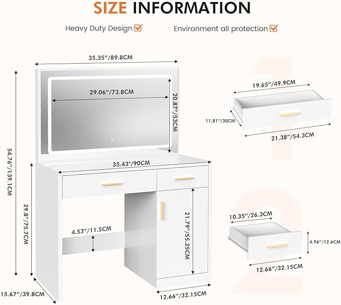 Sweetcrispy Vanity Desk with 35.4" LED Mirror and Lights, Makeup Vanity Table with Charging Station (2AC/USB/C), 2 Drawers & Large Cabinet, 3 Lighting Color Adjustable, Modern Dressing Table, White