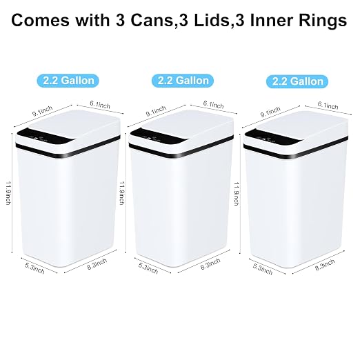 Anborry Bathroom Automatic Trash Can 3 Pack 2.2 Gallon Motion Sensor Touchless Small Slim Garbage Can with Lid Smart Electric Narrow Garbage Bin for Bedroom Living Room Office Kitchen (White) - Image 4