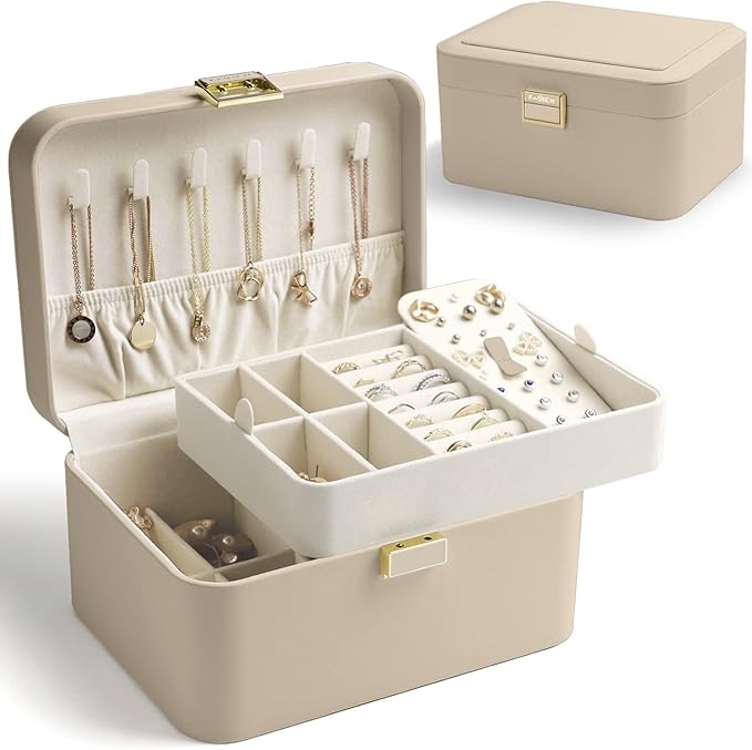 KAMIER Jewelry Organizer,2 Layer Jewelry Organizer Box for Earrings Bracelets Rings Necklaces,Luxury Leather & Soft Velvet Lined,Gift Box Packaging,Beige by KAMIER