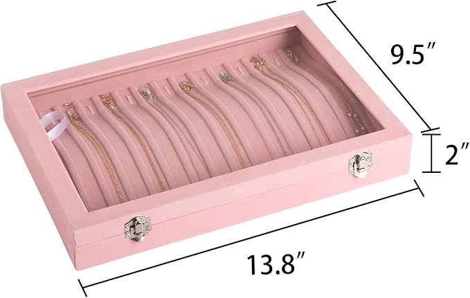 Frebeauty 15 Hooks Necklace Tray Velvet Neckalce Organizer with Clear Lid Lockable Necklace Holder Box Jewelry Organizer for Pendants Chains Necklace Jeweley Tray for Women Girls(Pink) - Image 2