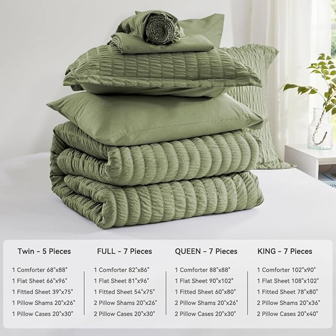 Zzlpp Full Comforter Set 7 Pieces, Olive Green Seersucker Bed in a Bag with Comforter and Sheets, All Season Bedding Sets with 1 Comforter, 2 Pillow Shams, 2 Pillowcases, 1 Flat Sheet, 1 Fitted Sheet