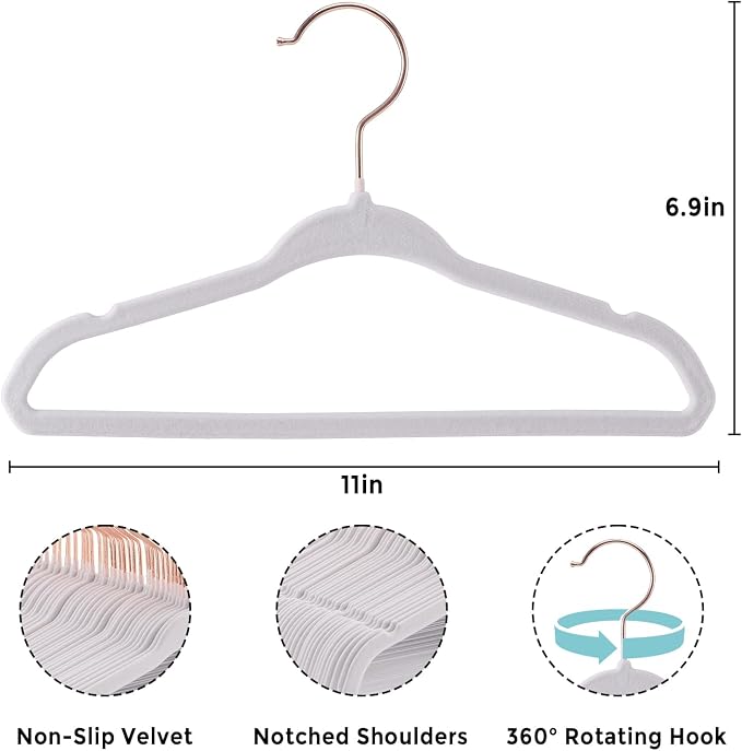 Tonswachic Baby Hangers Velvet - 11 Inch Kids Felt Hanger Non Slip Toddler Clothes - Childrens Hangers for Newborn Clothes - 50 Pack with 10 Hanger Finger Clips, White - Image 2