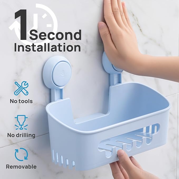 LEVERLOC Shower Caddy Suction Cup 2 Pack, Shower Organizer Removable Bathroom Shelf, Storage for Inside Shower Powerful Suction Max Hold 22lbs Waterproof Holder, Blue - Image 2