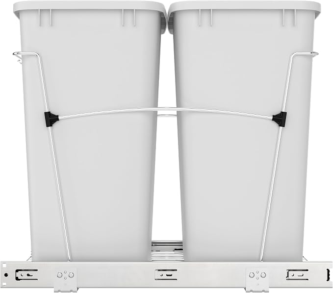 Rev-A-Shelf RV-18KD-11C S Double Pullout Trash Can for Kitchen Cabinets 35 Qt Garbage Recycling Bin on Full-Extension Slides, White - Image 7