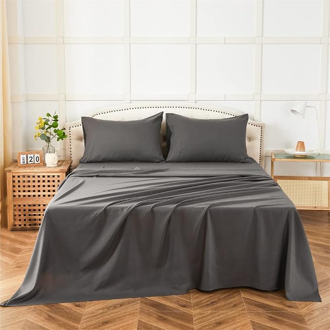 ILAVANDE King Size Sheets Set 4 Piece, Hotel Luxury Super Soft 1800 Series Microfiber Grey Bed Sheets King Set-Wrinkle Free & Breathable-14 Deep Pocket Sheets for King Size Bed(King,Neutral Grey)