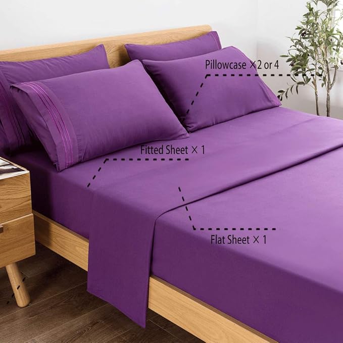 SONORO KATE Bed Sheet Set Super Soft Microfiber 1800 Thread Count Luxury Egyptian Sheets 18-Inch Deep Pocket，Wrinkle and Hypoallergenic-6 Piece (Purple, Full-6 Piece)