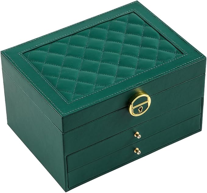 GUOER Jewelry Box for Women Girl Wife 3 Layers Large PU Leather Jewelry Organizer Storage Case with Two Layers Display for Earrings Bracelets Rings Watches (Green) by GUOER