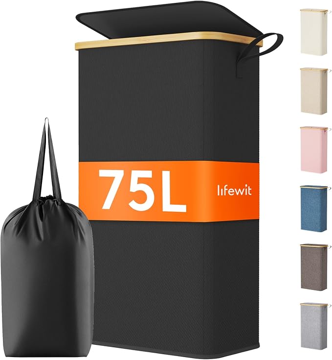 Lifewit 75L Slim Laundry Hamper with Lid, Narrow Laundry Basket with Removable Bag & Bamboo Handles, Fodable Thin Dirty Clothes Hamper for Laundry Collapsible Bin for Bathroom Bedroom Dorm, Black by Lifewit