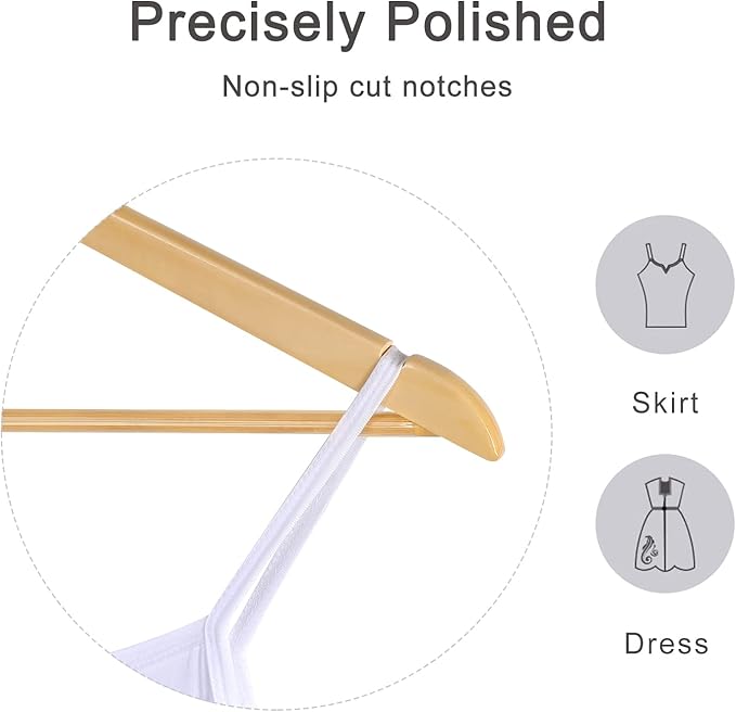 TOPIA HANGER Wooden Hangers 30 Pack, Natural Wood Clothes Hangers, Durable Coat Hanger with 360-Degree Rotatable Hook, Non-Slip Pants Bar and Shoulder Notches for Camisole Tops-CT34N30 - Image 3