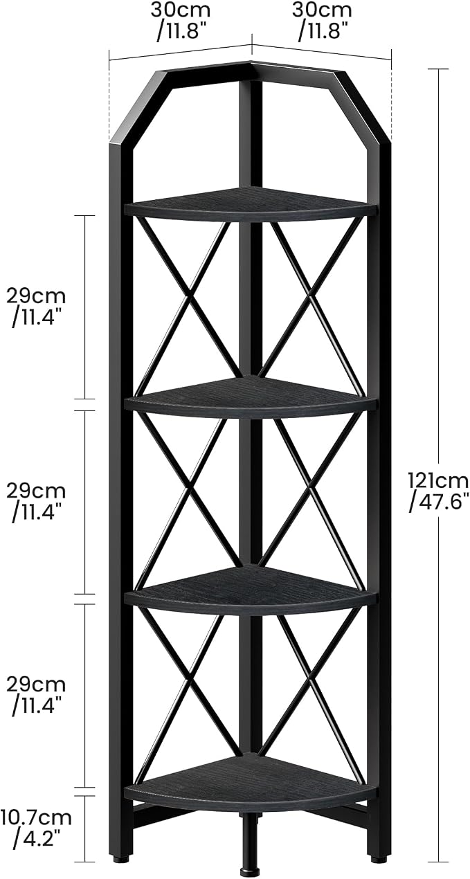 CHOEZON 4-Tier Corner Shelf, Industrial Corner Bookshelf, 47.6" Corner Storage Stand, Plant Stand Display Shelf, Corner Bookcase for Bedroom, Living Room, Home Office, Black TCJ09BB - Image 2