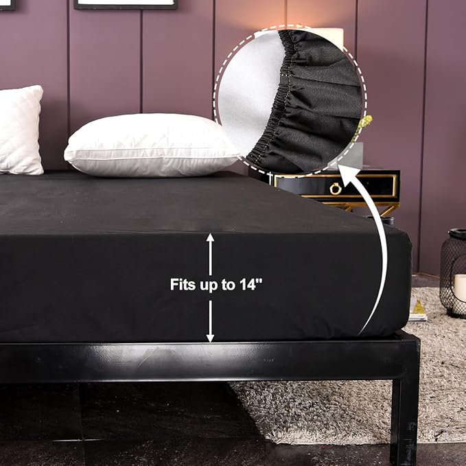 NTBED Black Waterproof Mattress Protector Cover Queen Size 14 inches Deep Pocket Polyester Bed Cover Solid Color Fitted Sheet (60‘’x80‘’ (Black, Queen)