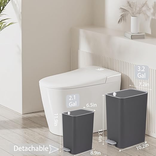 rejomiik Small Bathroom Trash Can with Lid, 3.2 Gallon Step Garbage Can with Handle, Slim Mini Wastebasket Bin for Bedroom, Office, Dorm, Dark Gray - Image 2