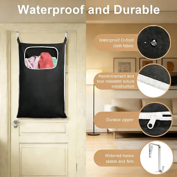 Over the Door Laundry Hamper, Hanging Laundry Hamper Bag with Wide Opening and Full-Length Zipper, Easy Storage & Access, Space Saving for Bathroom, Bedroom, Dorm, Travel (Black) - Image 3