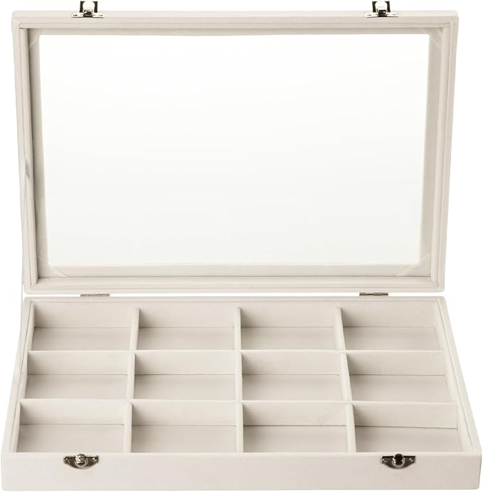 Frebeauty Velvet Jewelry Tray,12 Grid Jewelry Organizer with Clear Lid,Bracelets Holder,Jewelry Display Case with Clasp,Drawer Insert Bangle Brooch,13.8 x 9.5 x 2 Inches,Gift for Women Girls(Beige) - Image 2
