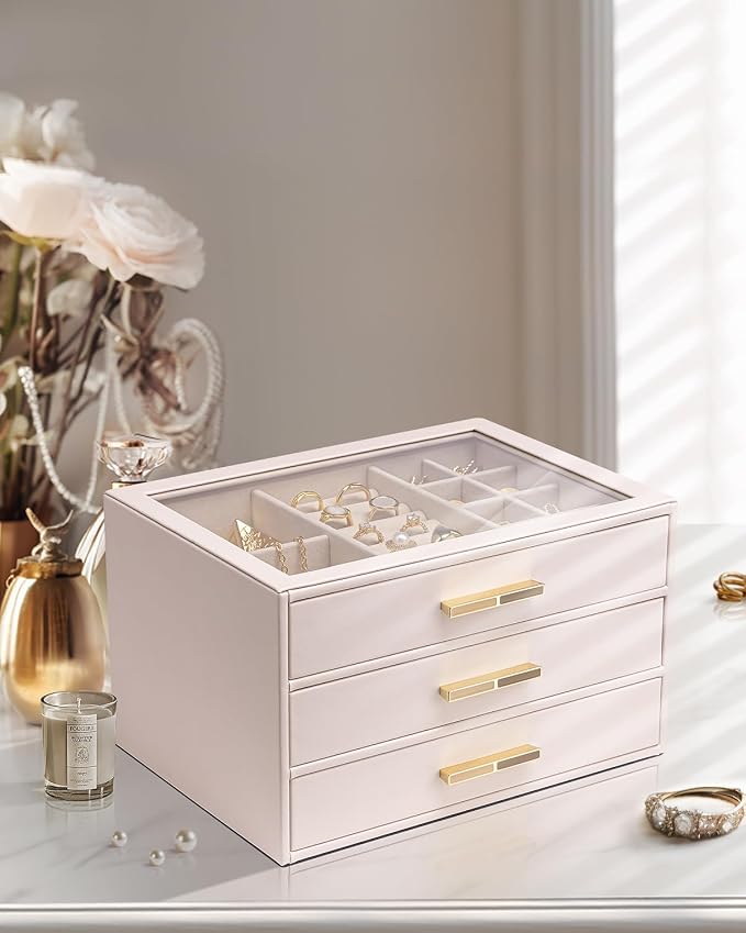 Vlando Jewelry Box for Women, Glass Lid Jewelry Organizer with 3 Drawers for Necklaces Rings Earrings Bracelets - Light Pink - Image 2