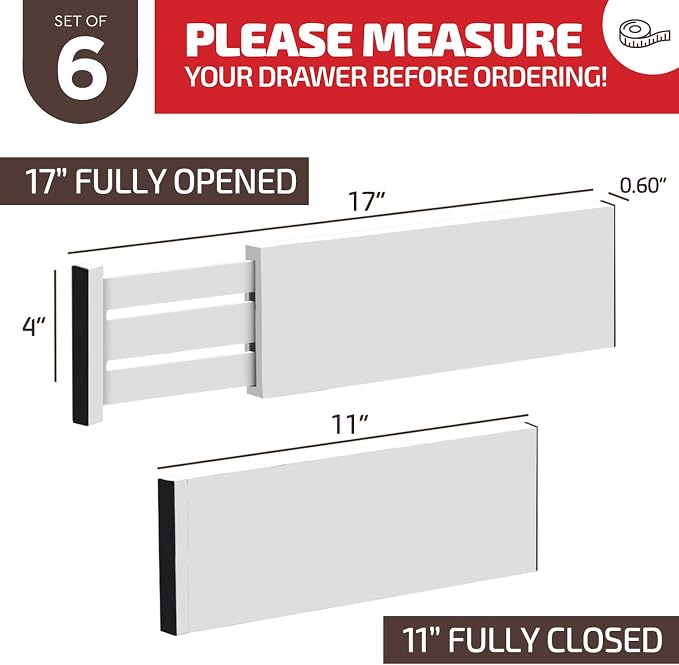 6-Pack Drawer Dividers 4 Inch High, 11”-17" Adjustable Bamboo Organizers Large Expandable Drawer Separators for Cloths, Dresser, Bedroom, Bathroom, Baby Drawer, Office & Kitchen Utensils (White) - Image 3