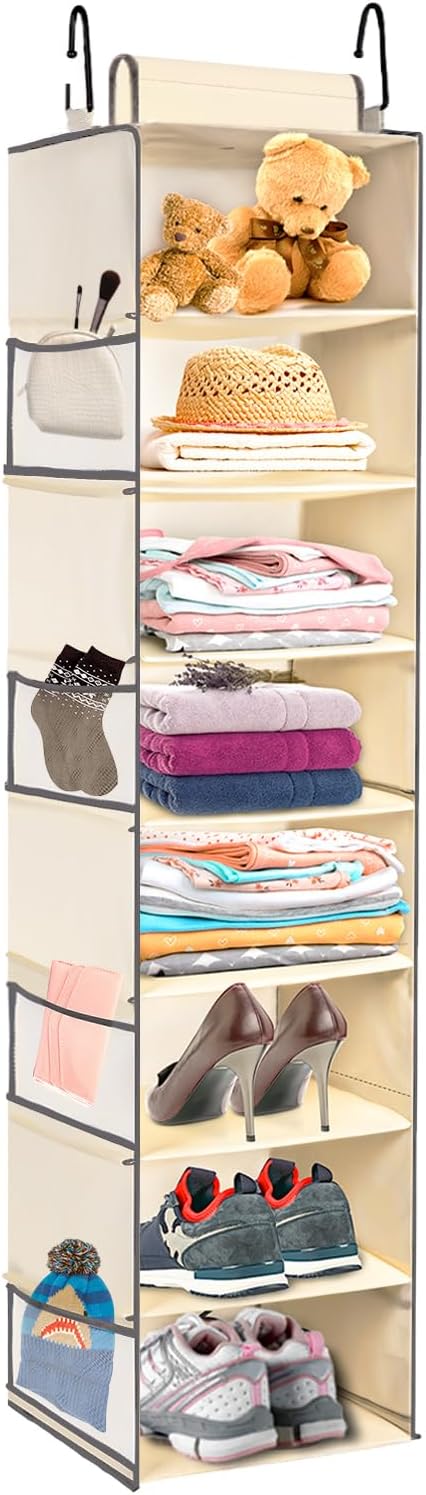 Large-Sized Hanging Shoe Organizer 8-Shelf, Hanging Closet Organizer with 8 Side Pockets, Wider Hanging Shelves for Storage Shoes Clothes 9" W × 11.8" D× 48" H, Beige. by ROOMTALK
