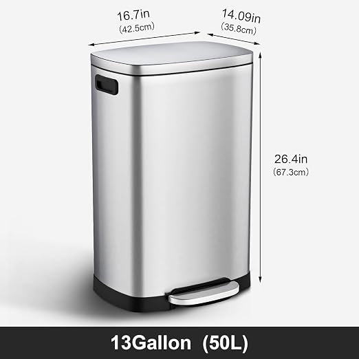 ELPHECO Kitchen Trash Can with Lid Soft Close,13 Gallon / 50L Stainless Steel Pedal Garbage Can, Heavy-Duty Fingerprint Proof Step Wastebasket with 20 Bags, Removable Bucket, Home Office, Silver - Image 4