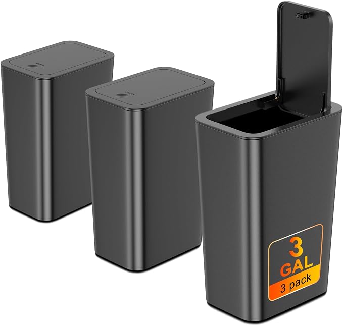 N. NETDOT 3 Pack 3 Gallon Small Trash Can with Lid, Bathroom Garbage Can with Pop-Up Lid, Waste Basket for Bathroom, Kitchen, Bedroom, Powder Room, Craft Room, Office, College (Black) by NNETDOT