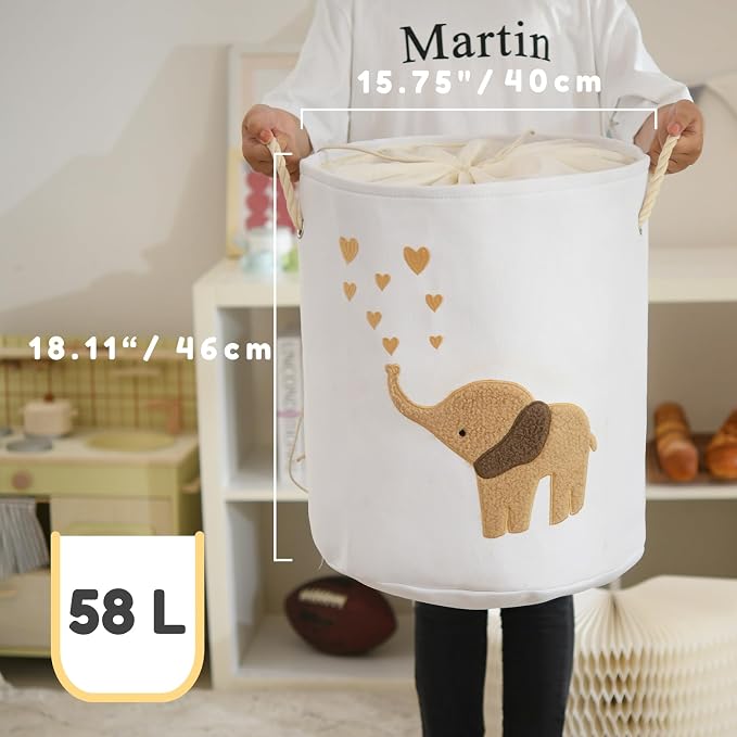 INough Baby Laundry Basket Laundry Hamper, Canvas 58L XL Baby Clothes Basket, Collapsible Brown Laundry Basket for Nursery Toy Baskets with Drawstring Closure, KidsRoom Decor for Boys - Image 5