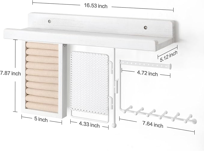 SOLIMINTR Hanging Jewelry Organizer Wall Mount with Rustic Wood Shelf, Ring Display Box, Ear Studs Earring Holder, Rotating Necklace Holder Organizer White - Image 7
