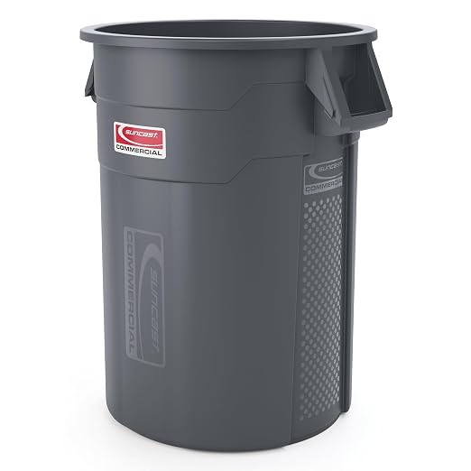 Suncast Commercial Products 55 Gallon Trash Can with Vented Channels, Ergonomic Handles, Rolled Upper Lip, Made in the USA, Gray, Made in the USA by SuncastCommercialProducts