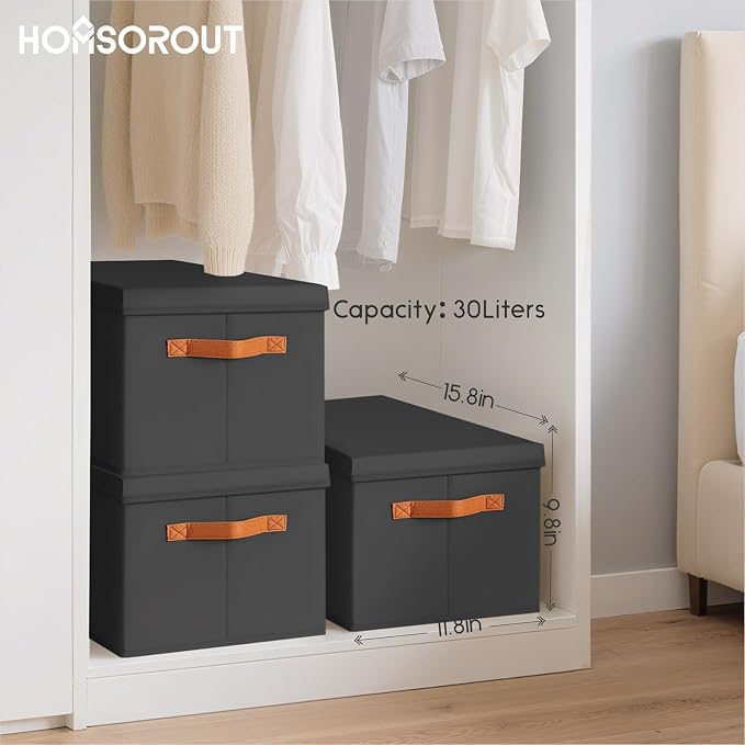 Homsorout Storage Bins with Lids - Large Fabric Closet Bins with Lid, 6 Pack Clothes Organizers and Storage, Collapsible Stackable Cube Basket for Home, Office, Dorm, Black - Image 7