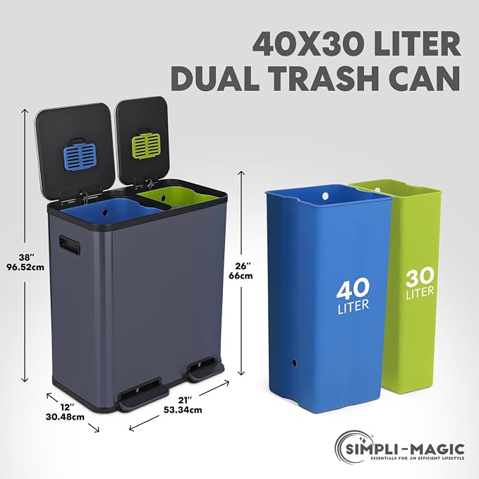 Simpli-Magic 70 Liter / 18.5 Gallon Rectangular Hands-Free Dual Compartment Recycling Kitchen Step Trash Can with Soft-Close Single Lid, Stainless Steel (40L x 30L Capacity), Blue - Image 3