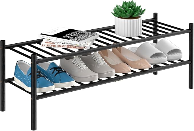 ROMGUAR CRAFT 2-Tier Bamboo Long Shoe Rack, Free Standing Wood Shoe Shelf Storage Organizer for Closet Entryway Stackable 35"x11"x13" (Black) by ROMGUAR+CRAFT
