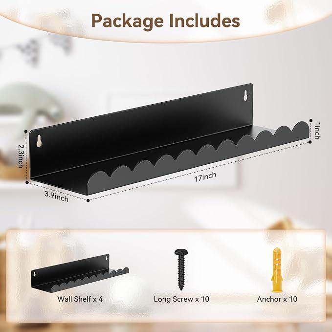 Nursery Book Shelves, 17 Inch Metal Floating Shelves for Wall 4 Pack, Scalloped Shelves, Wall Mounted Book Shelf for Kids Bedroom, Baby Room, Nursery Decor （Black） - Image 2