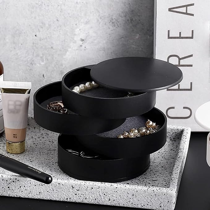 Jewelry Organizer Small Jewelry Storage Box 4-Layer Rotating Travel Jewelry Tray Holder for Women Bracelets Rings Bracelets Earrings (Black) - Image 3