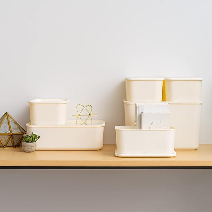 IRIS USA Plastic Modular Basket COMBO (S/M/L), Storage Bins with Lids, Stackable Lidded Storage Organizer Bins for Kitchen, Bathroom and Bedroom, Off White