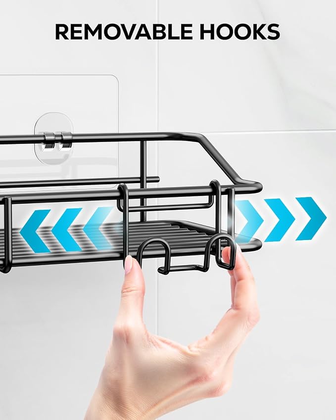 Nieifi Shower Caddy Shelf with Hooks Storage Rack Organizer Adhesive Stainless Steel Without Drilling for Bathroom, Lavatory, Washroom, Restroom, Shower, Toilet, Kitchen - 2 Pack (Black) - Image 7