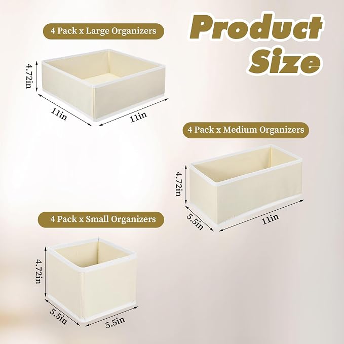 12 Pack Linen Drawer Organizer Set – Collapsible Fabric Storage Bins for Baby Clothes, Diapers, Socks, Bras & More (Beige, 3 Sizes) - Image 3