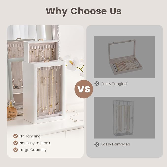 Lolalet Upgraded Double-Sided Hanging Necklace Organizer Box, Jewelry Display Case with Double-Sided Clear Window for Necklaces Bracelets, Tangle-Free Necklace Storage Box, Mothers Day Gift - Image 6
