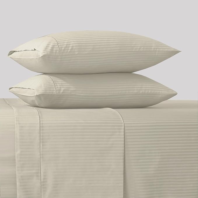 Feather & Stitch 500 TC Split King Size Sheet Set, 5 Piece Bed Sheets Set-2 Twin Fitted Sheet, 1 King Flat Sheet & 2 King Pillowcases, 18" Deep Pockets Sateen Weave Striped Bedsheet - (Beige Stripe)