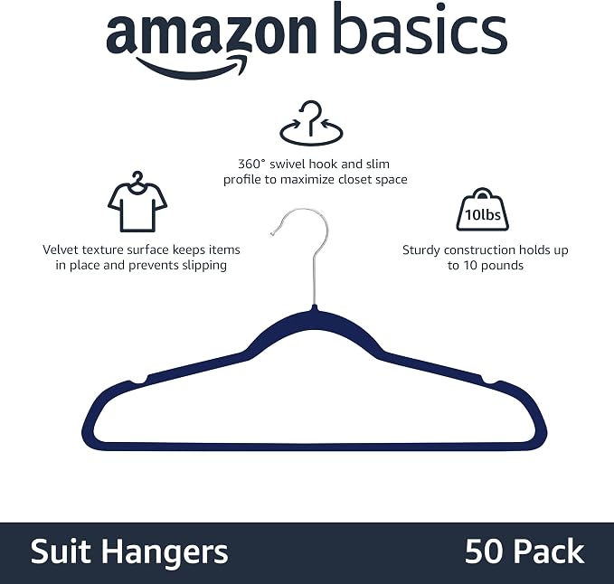 Amazon Basics Slim Velvet Non-Slip Space Saving Suit Clothes Hangers for Closet Organization, Navy Blue/Silver, 50-Pack - Image 2