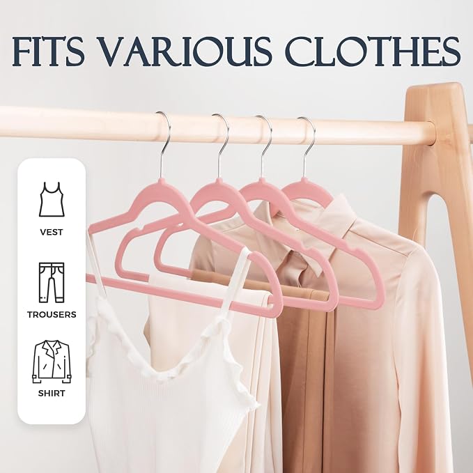 HOUSE DAY Lt Pink Velvet Hangers 20 Pack, Non Slip Clothes Felt Hanger Heavy Duty for Coat, Premium Slim Space Saving Suit Hangers for Closet Organizer, 360° Rotating Silver Hook - Image 3