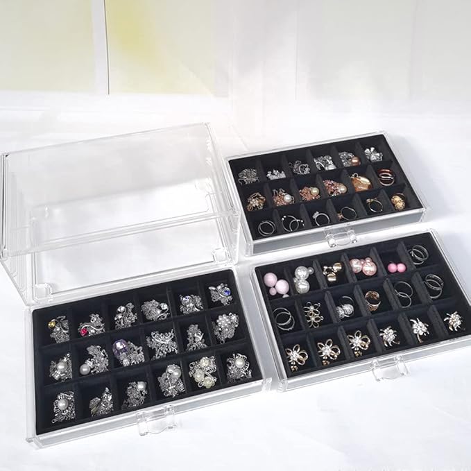 YUFONG Earring Organizer Box Acrylic Jewelry Organizer with 3 Drawers 54 Adjustable Grids Clear Stackable Earring Holder Velvet Trays Ring Display Case for Women Girls (Black) - Image 5