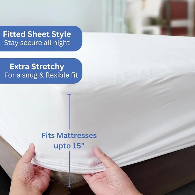 NON Sticky cotton Waterproof Terry Cotton Mattress Protector, 15" Deep Pocket Fitted Cover, Breathable Noiseless Washable, Queen 60" x 80", Solid White