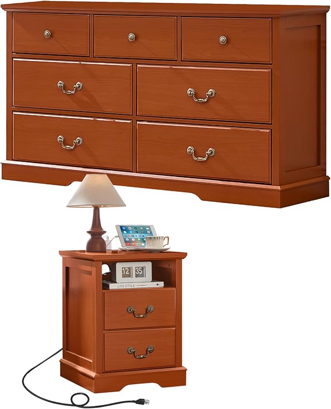 Farmhouse Dressers & Night Stand,54" Wide 7 Drawer Dresser & 18" Wide 2 Drawers End Table with Charging Station,Furniture Dresser Sets for Home,Caramel
