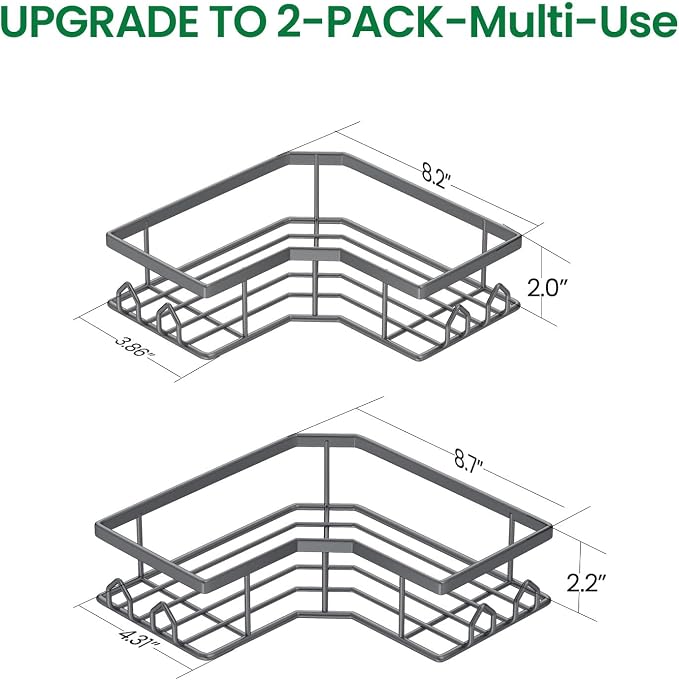 Adhesive Shower Caddy, 2 Pack Corner Bath Organizer, Rustproof Stainless Steel Shower Shelves with Large Capacity, No Drilling Shelves for Bathroom Storage, Home, Kitchen Decor (Dark Grey). - Image 2