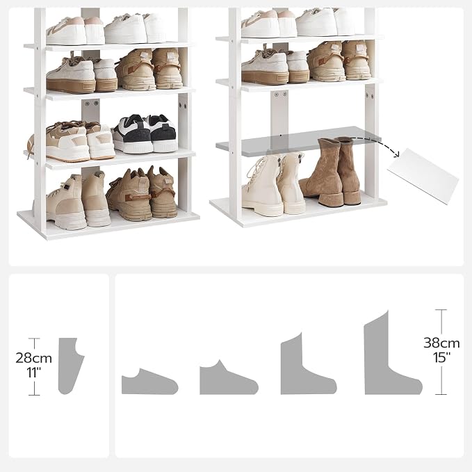 HOOBRO Vertical Shoe Rack, 8 Tier Wooden Shoe Storage Organizer with Hooks, Narrow Shoe Tower for 16 Pairs, Space Saving, for Entryway, Living Room, Bedroom, White WT750XJ01 - Image 3