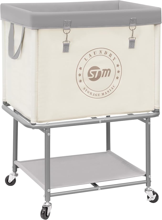 STORAGE MANIAC Rolling Laundry Cart with Storage Shelf, Heavy Duty Industrial Laundry Basket with Wheels, Commercial Metal Frame Clothes Hamper with Canvas Bag for Dorm, Closet, Bedroom, Beige by STORAGEMANIAC