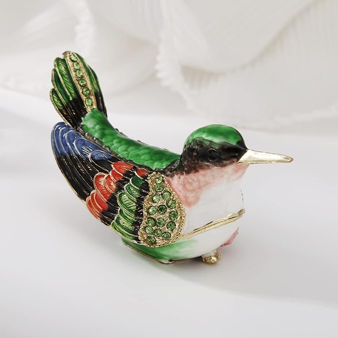 Hand Painted Enamel Hummingbird Trinket Box for Home Decor, Hinged Jewelry Organizer for Ring Earrings, Unique Figurine Keepsake Collectible Personalized Handmade Ornament Gifts (Green Hummingbird-2) - Image 4