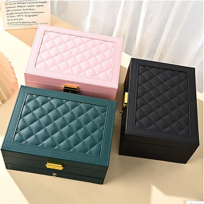 GUOER Jewelry Organizer Box for Women - Large PU Leather Jewelry Organizer Storage Case with Two Layers Display for Earrings Bracelets Rings Watches (Pink) - Image 6