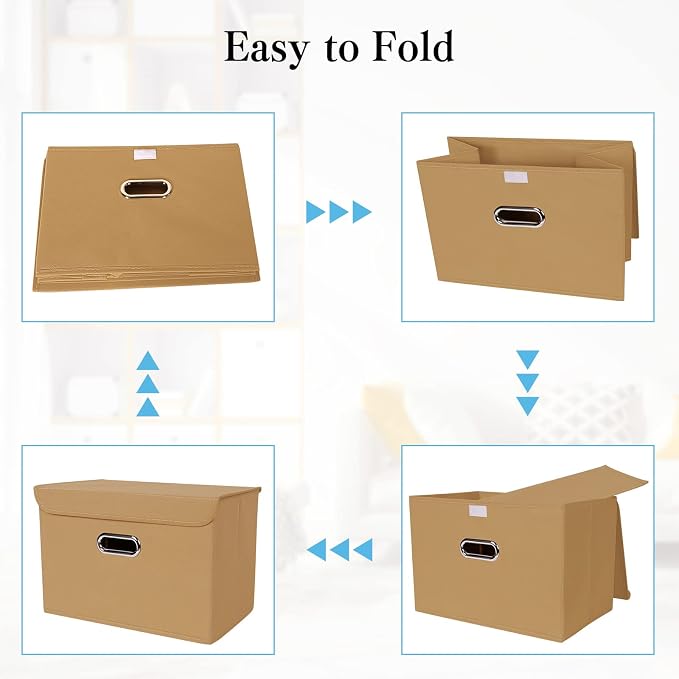 STOREONE Fabric Storage Cube Bins Foldable Organizer Container Collapsible Basket with Lids and Metal Handles, for Home, Bedroom, Closet 3 Pcs (Khaki) - Image 6