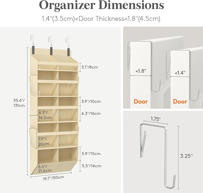 Lifewit 1 Pack Over the Door Organizer, 10 Section Clear Window Hanging Storage with 4 Side Pockets, Sturdy Anti Tilt 40 lbs Load Behind Door for Closet, Bedroom, Bathroom, Nursery, Dorm, Beige - Image 2