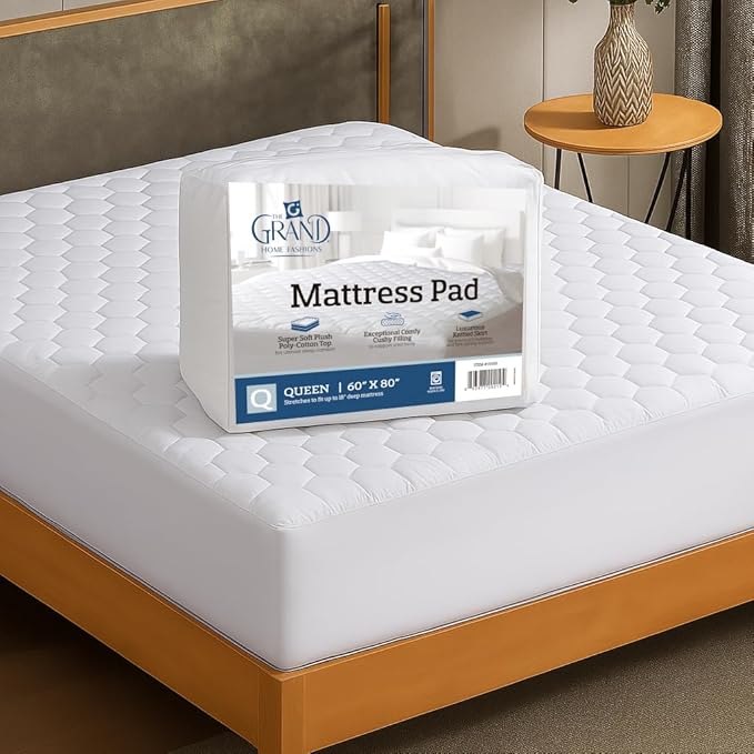 The Grand Hotel Collection Queen Size Mattress Pad - Thin, Lightweight, and Breathable Mattress Pad - Ideal for Hot Sleepers & Plush Mattresses - Deep Pocket Fits up to 18" - Easy to Wash (60 X 80)