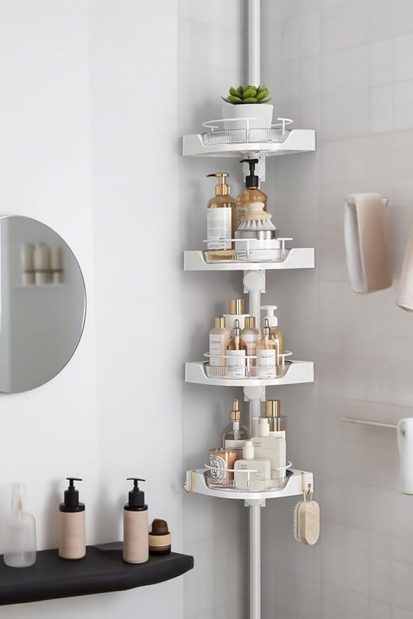 shuang qing 360° Rotating Corner Shower Caddy Tension Pole Organizer - 4-Tier Adjustable Rustproof Metal Pole, Plastic Shelves with Safety Guardrail, Bathroom Storage for Shower & Bathtub(White) by SHUANGQING
